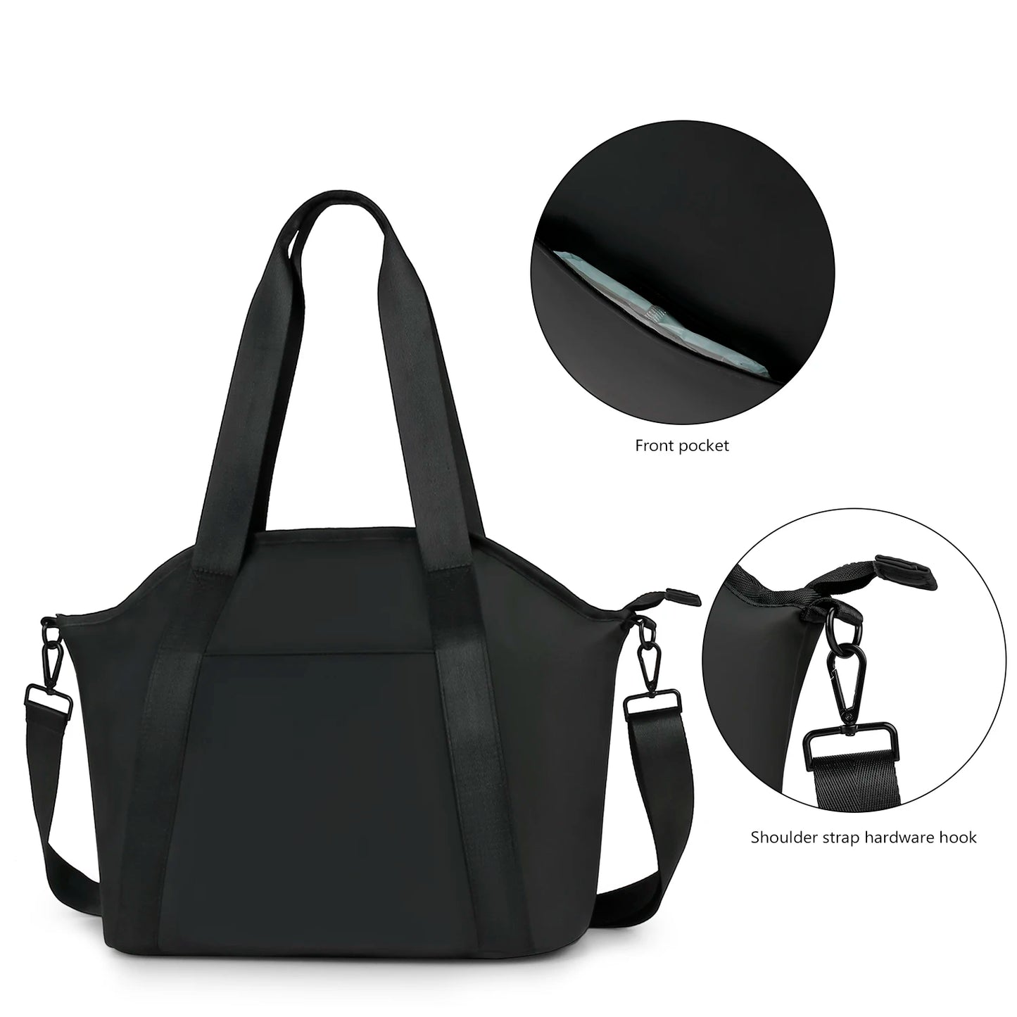 Zoom sur la poche avant et le mousqueton de la bandoulière d’un sac à langer noir en cuir PU, montrant les finitions et le système d’attache robuste.