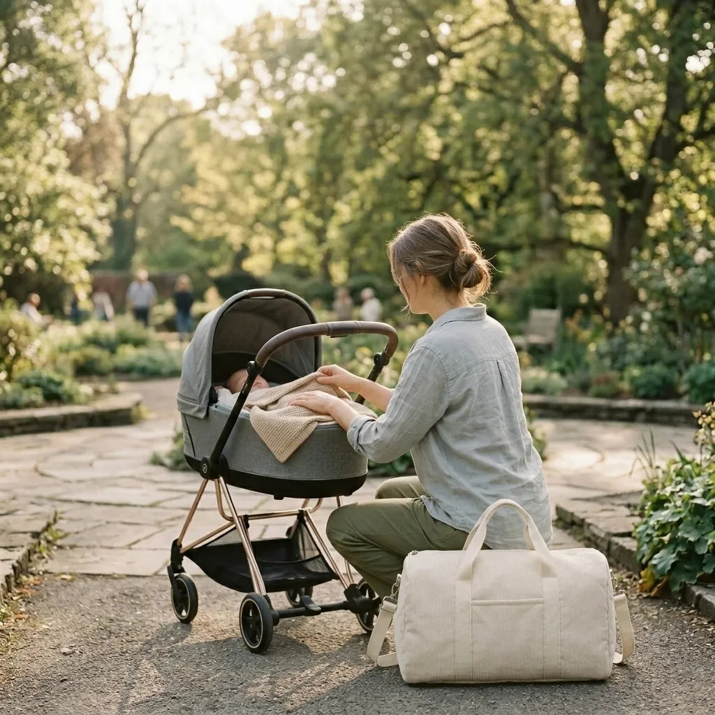 Maman s'occupant de son bébé dans une poussette grise lors d'une promenade en parc, avec un sac à langer en velours côtelé beige posé au sol