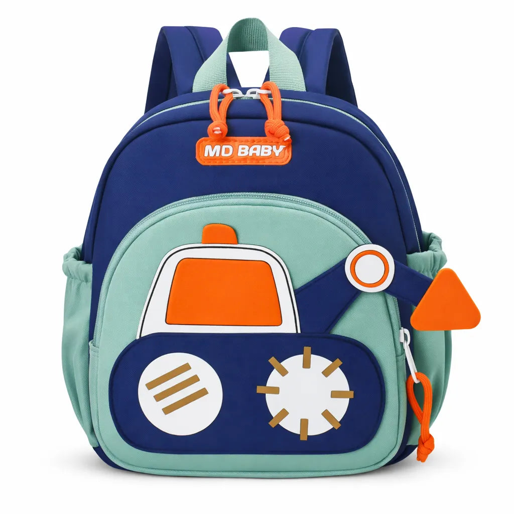 Sac à dos bébé crèche bleu avec motif voiture ludique - bretelles réglables et poignée de transport