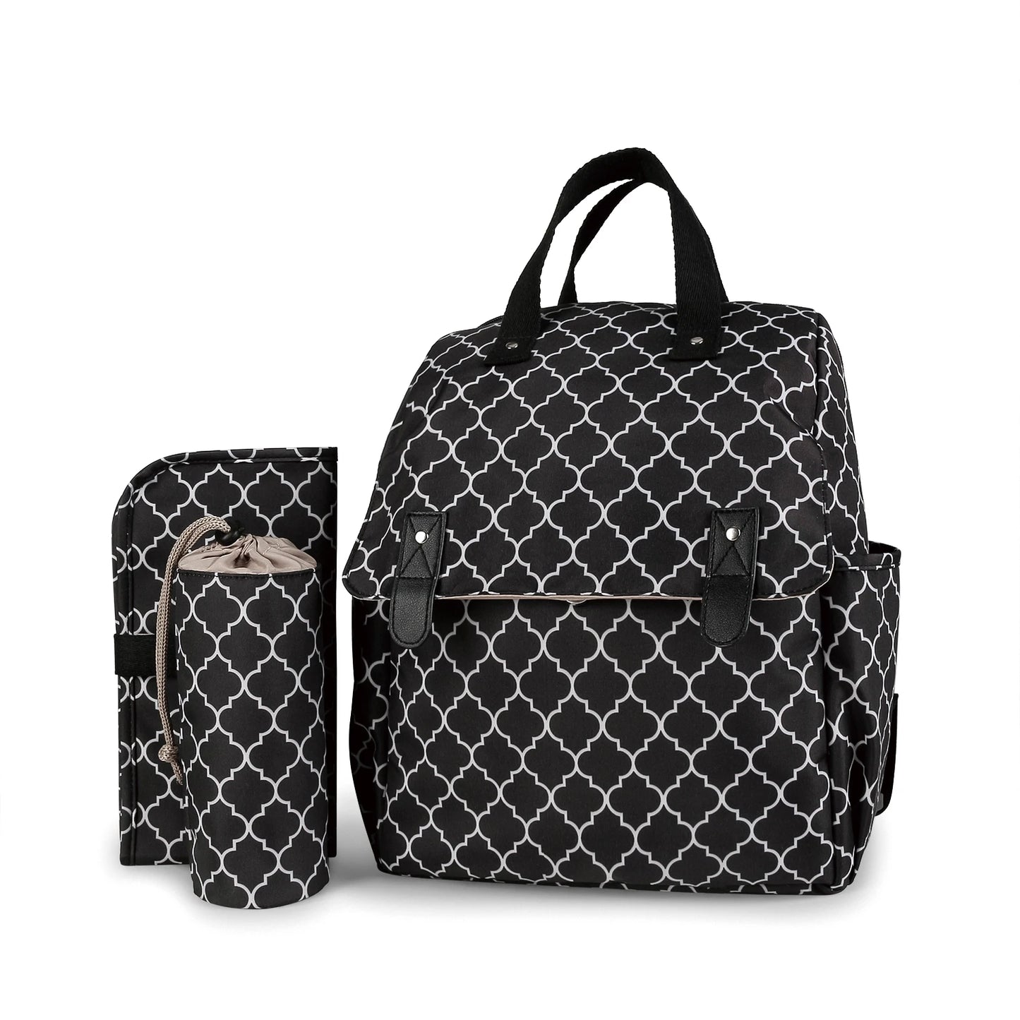 Sac à dos à langer motif arabesque noir avec tapis à langer et pochette isotherme biberon coordonnés