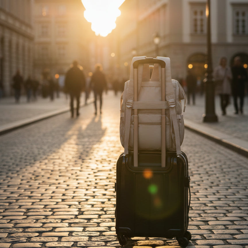 sac à dos posé sur une valise dans une rue piétonne