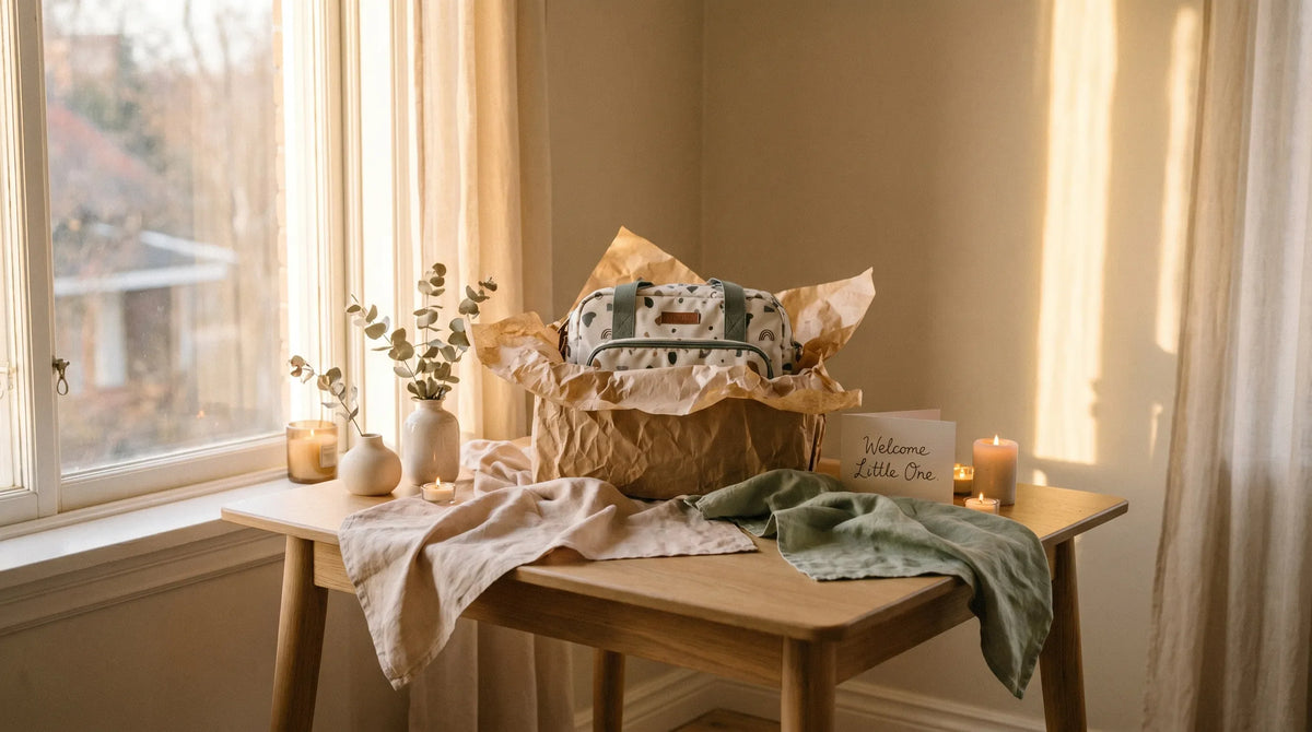 Table de baby shower avec décorations beige et vert sauge, cadeau emballé laissant apparaître un sac à langer, ambiance chaleureuse en lumière dorée.