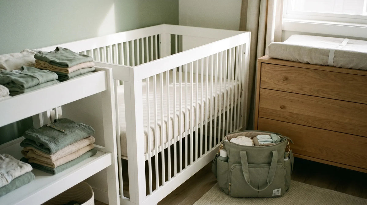 Coin chambre de bébé bien organisé avec lit blanc, vêtements pliés, tapis à langer sur la commode et sac à langer prêt au sol, tons beige et vert sauge.