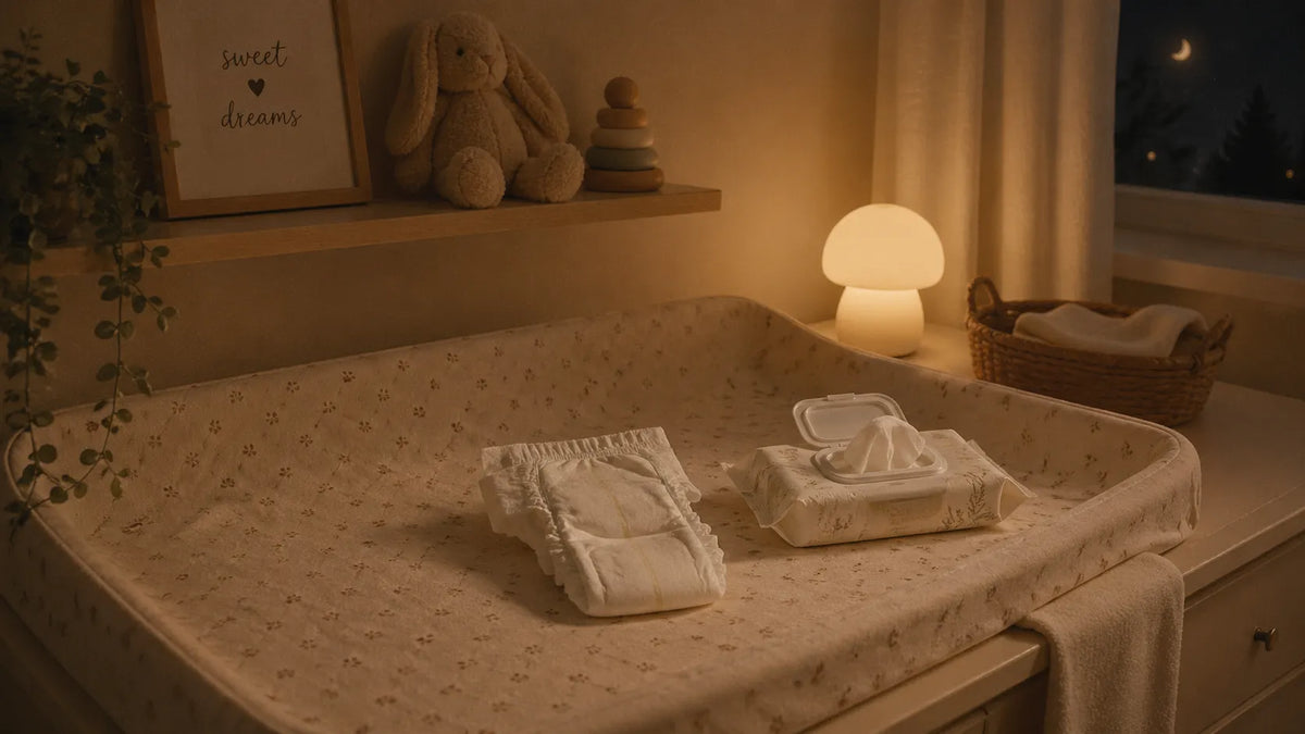 Table à langer avec une couche propre et des lingettes posées dessus, éclairée par une veilleuse douce dans une chambre de bébé la nuit.