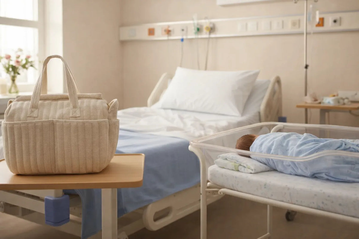bébé qui dort en salle de maternité, le sac à langer est posé sur une table 