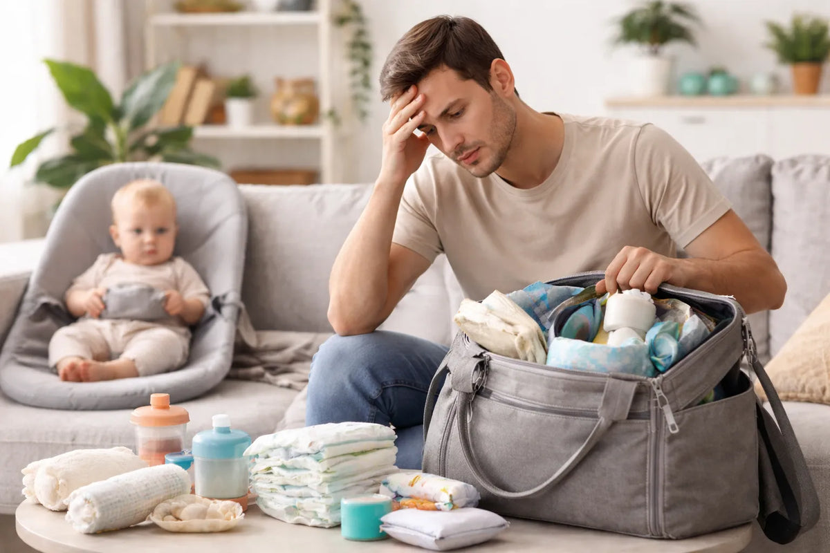 papa allégeant un sac à langer trop lourd en triant les accessoires essentiels pour bébé