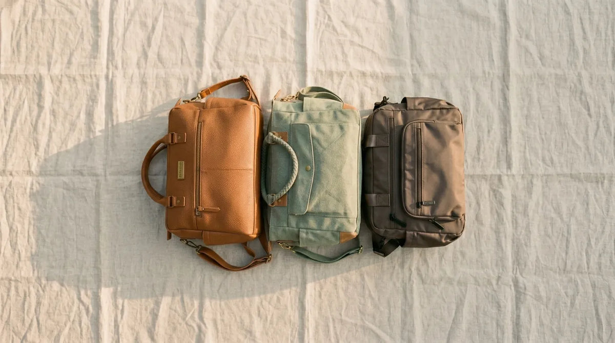 Trois sacs à langer posés côte à côte sur un tissu lin blanc : un modèle caramel effet cuir, un modèle vert sauge en toile, un modèle taupe en nylon imperméable.