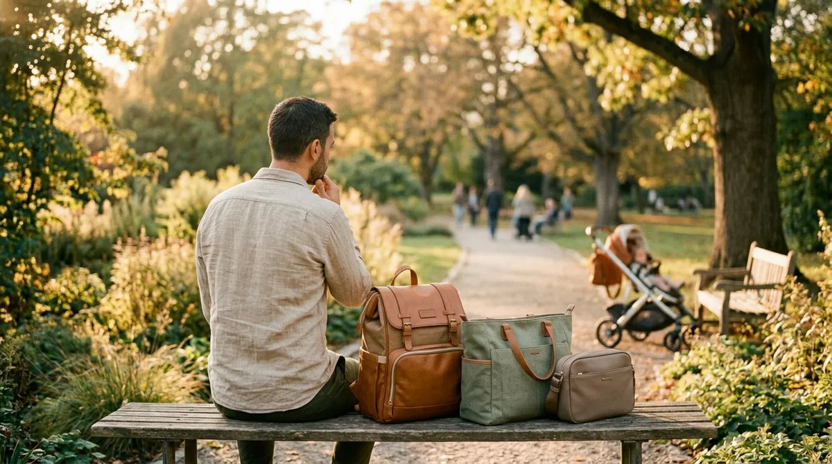 Père assis sur un banc de parc comparant trois modèles de sacs à langer posés devant lui, une poussette visible en arrière-plan.