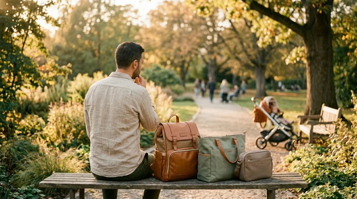 Père assis sur un banc de parc comparant trois modèles de sacs à langer posés devant lui, une poussette visible en arrière-plan.