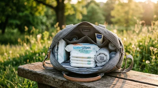 sac à langer posé sur un banc en pleine nature, ouvert pour montrer la capacité totale