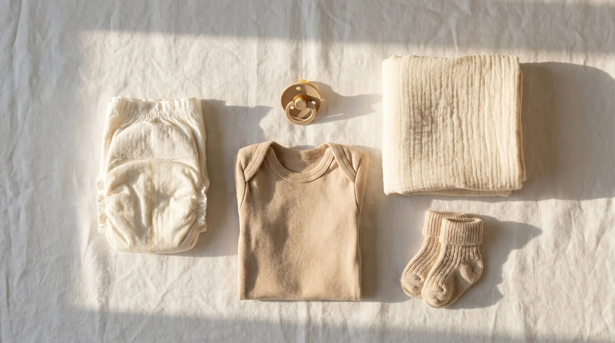 Vue de dessus d'articles essentiels pour nouveau-né disposés sur du lin blanc : couche pliée, body, tétine, lange doux et chaussettes miniatures, lumière dorée.