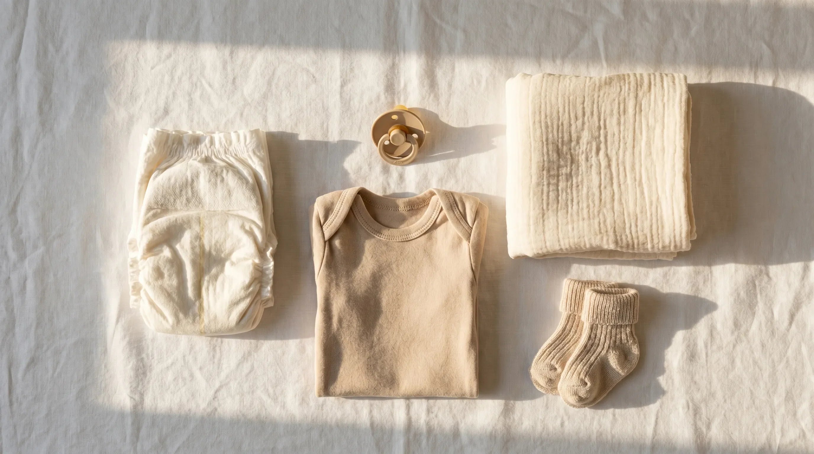 Vue de dessus d'articles essentiels pour nouveau-né disposés sur du lin blanc : couche pliée, body, tétine, lange doux et chaussettes miniatures, lumière dorée.