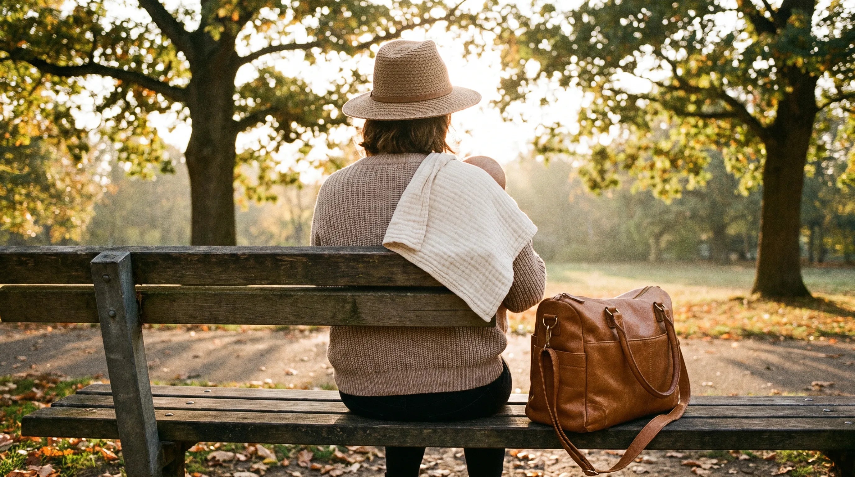 Mère de dos allaitant son bébé sur un banc de parc, lange en gaze posé sur l'épaule, sac à langer bandoulière caramel à côté, lumière dorée filtrée par les arbres.