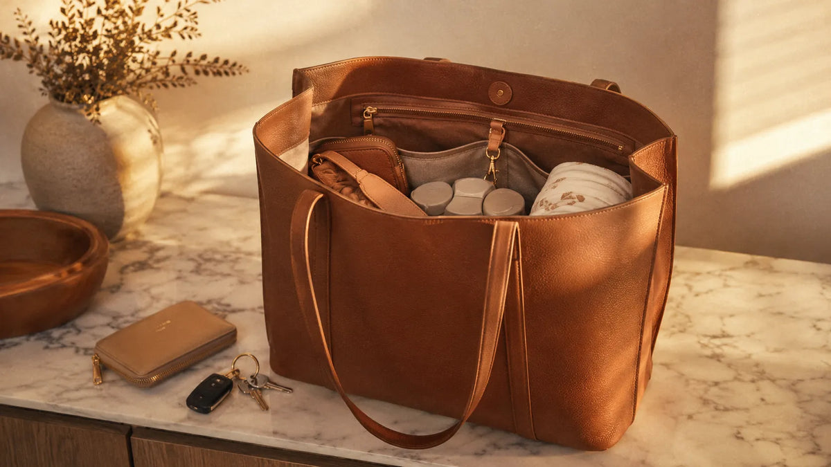 Grand mommy bag style tote en cuir cognac ouvert sur un comptoir en marbre, compartiments organisés avec portefeuille, clés et affaires bébé visibles.