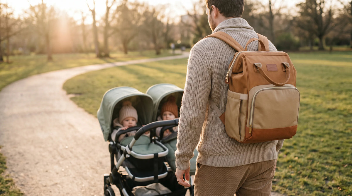 Papa de dos portant un sac à dos à langer bicolore camel et beige tout en poussant une poussette double avec ses deux jumeaux dans une allée de parc au coucher du soleil