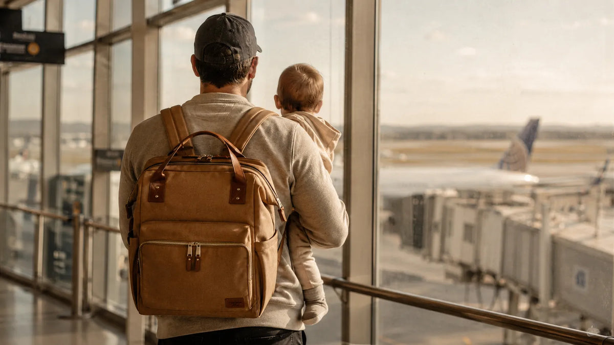 Père de dos dans un terminal d'aéroport tenant un bébé dans les bras, portant un grand sac à dos à langer caramel, avions visibles par les baies vitrées en arrière-plan.