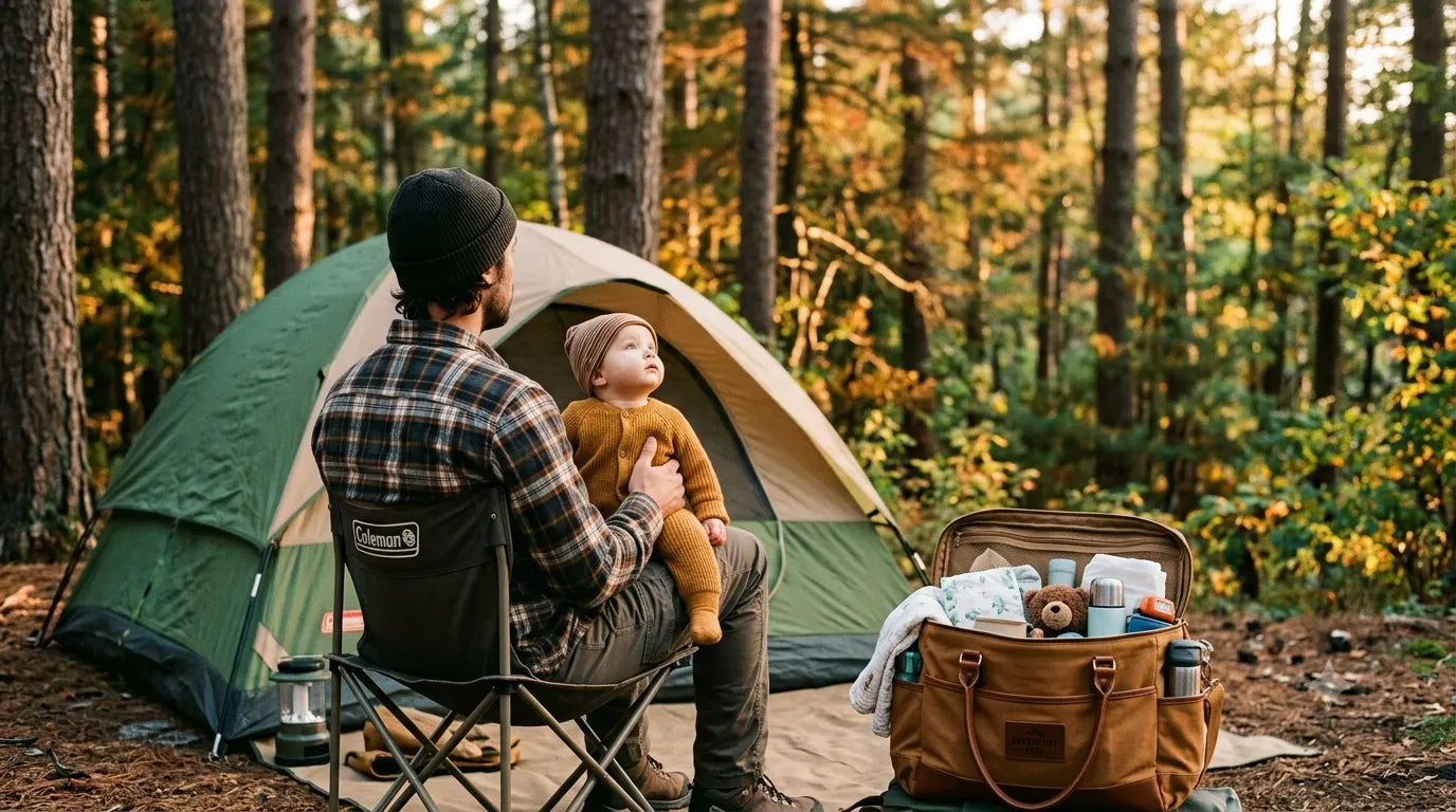 Père de dos assis devant une tente avec son bébé sur les genoux, sac à langer caramel ouvert à côté, arbres et nature en arrière-plan flou, lumière de fin de journée. Image