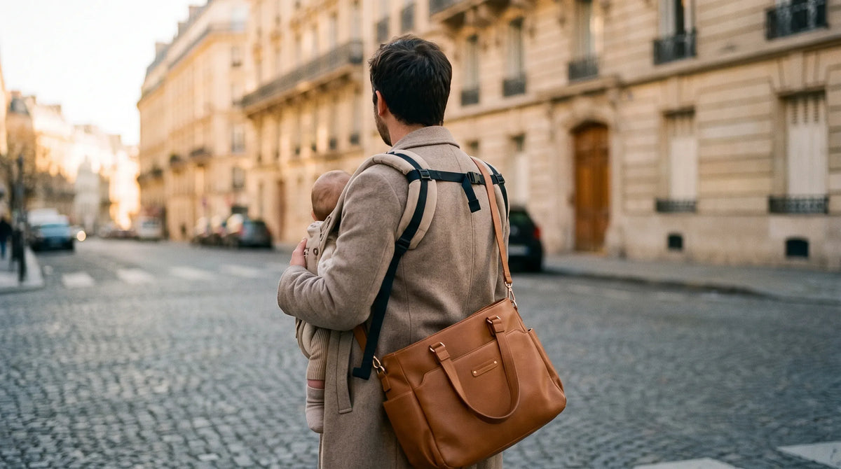 Père de dos portant son bébé en porte-bébé ergonomique dans une rue pavée parisienne, sac à langer bandoulière caramel sur l'épaule, lumière dorée et façades haussmanniennes en arrière-plan.