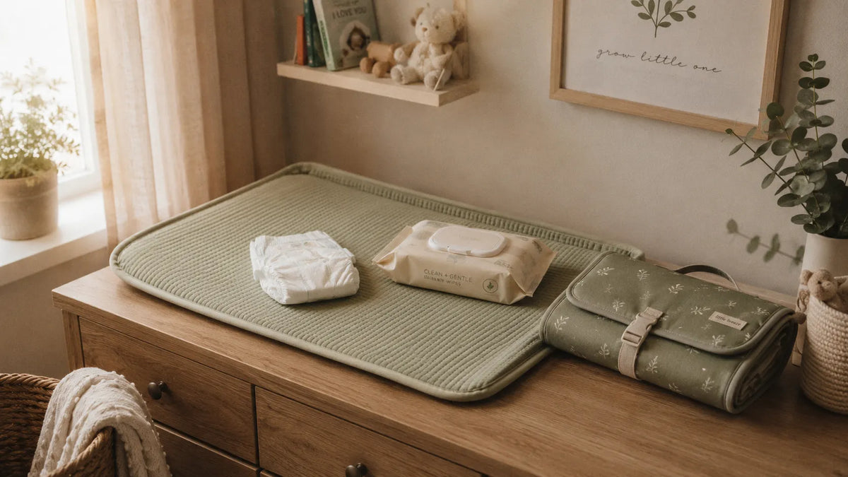 Plan à langer posé sur une commode en bois avec couche et lingettes prêtes, tapis à langer pliable posé à côté, dans une chambre de bébé aux tons beige et vert sauge.