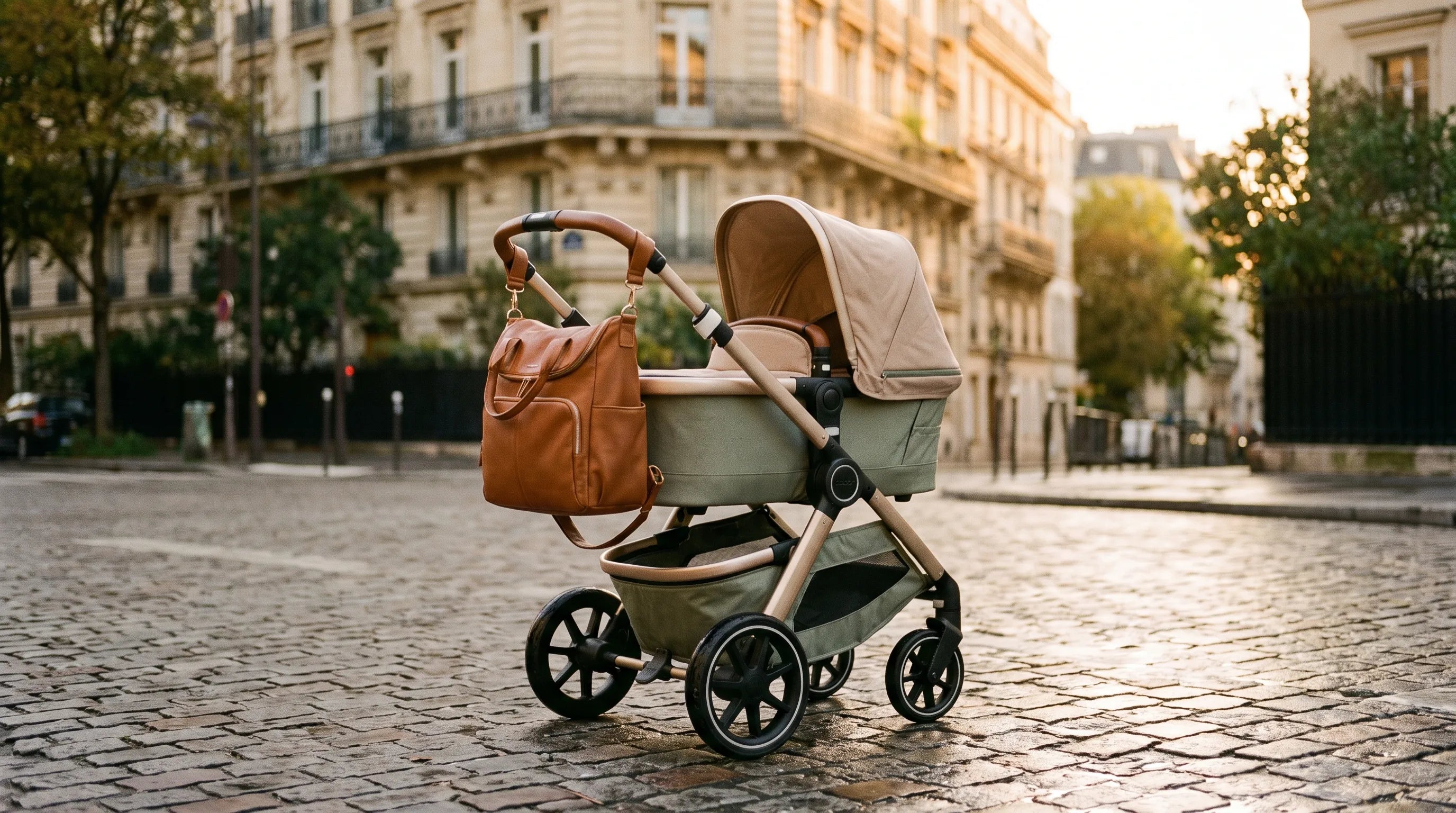Poussette moderne garée sur des pavés parisiens avec un sac à langer effet cuir caramel accroché au guidon, façades haussmanniennes floues en arrière-plan, lumière dorée.