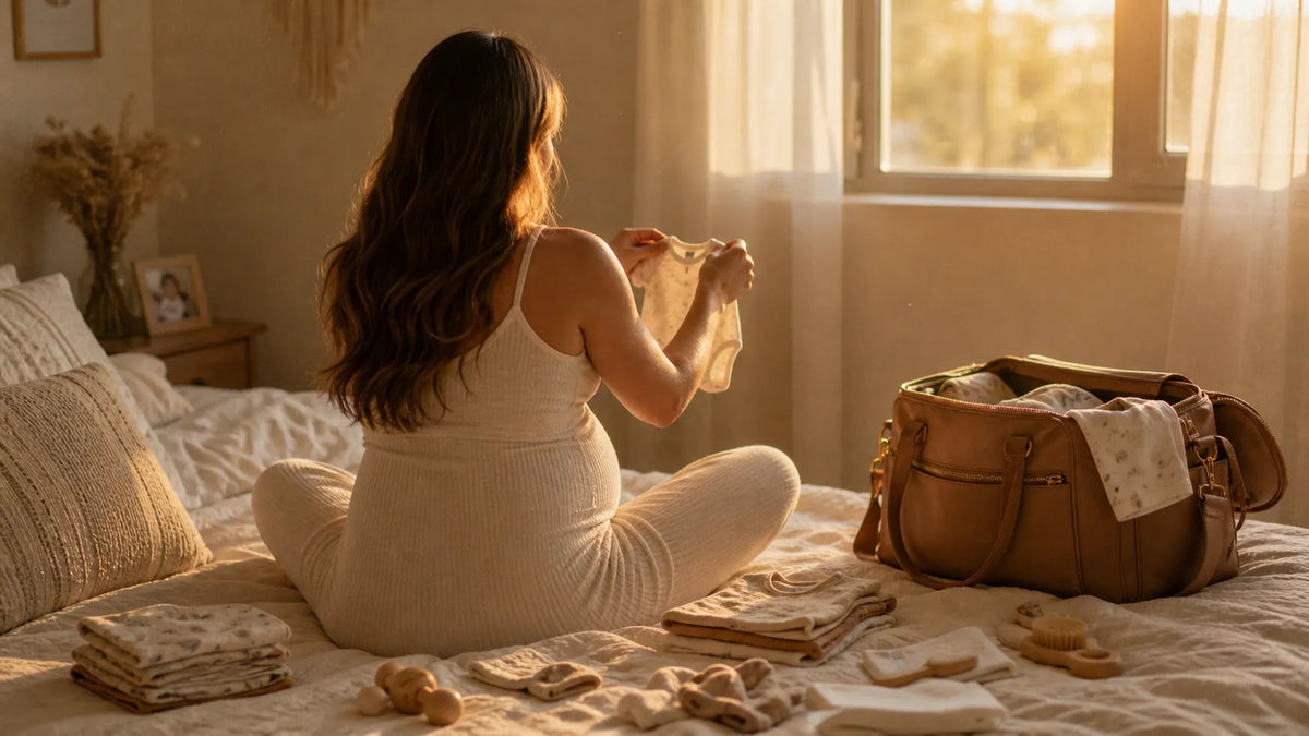 Femme enceinte assise sur un lit en golden hour, de dos, tenant un body de bébé, avec un sac à langer caramel ouvert à côté d'elle.