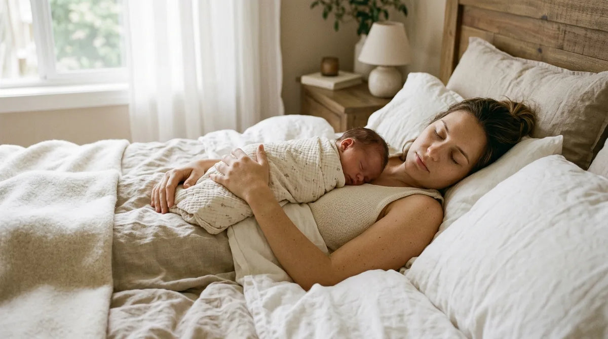 une maman qui dort avec son nouveau né sur elle