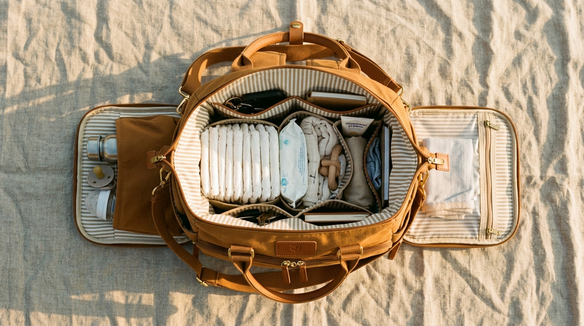 Alt : Sac à langer ouvert à plat montrant les compartiments internes, la poche isotherme biberon et la poche étanche linge sale.