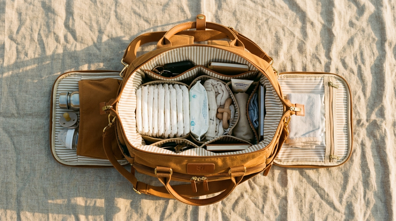 Alt : Sac à langer ouvert à plat montrant les compartiments internes, la poche isotherme biberon et la poche étanche linge sale.
