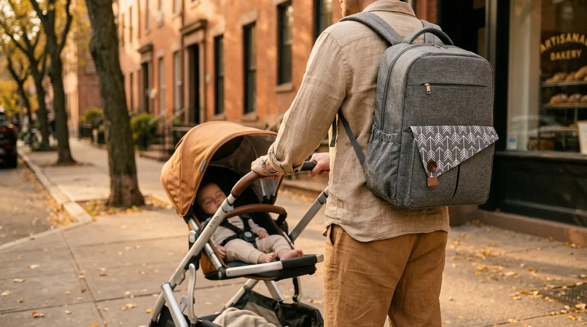 Sac à dos à langer imperméable gris avec compartiments isothermes, porté par un parent actif pour sortie avec bébé