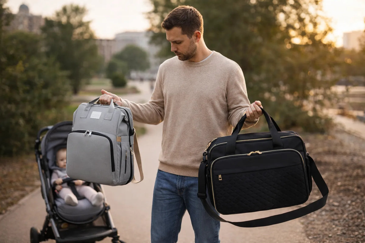 Père dans un parc en fin de journée comparant un sac à dos à langer gris et un sac à langer noir bandoulière près d’une poussette avec bébé.