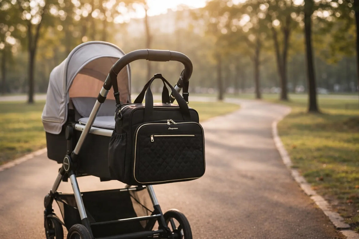 ac à langer noir accroché à la poignée d'une poussette nacelle dans un parc, lumière dorée, sortie bébé