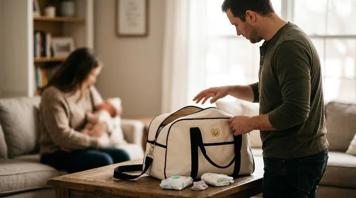 Papa préparant un sac à langer beige et noir avec couches sur table basse, maman allaitant son nouveau-né en arrière-plan dans un salon chaleureux