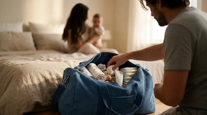 Papa préparant un sac à langer bleu grande capacité rempli de couches et accessoires bébé, avec maman tenant son nourrisson en arrière-plan dans une chambre cosy