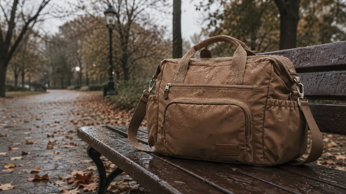 Sac à langer caramel imperméable posé sur un banc mouillé dans un parc sous la pluie, gouttes d'eau visibles sur la surface du sac.