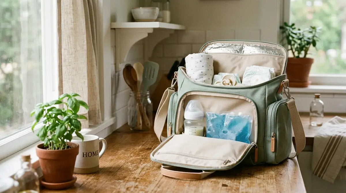 Sac à langer isotherme sauge et beige sur un comptoir de cuisine avec pochette biberon pour conserver le lait maternel