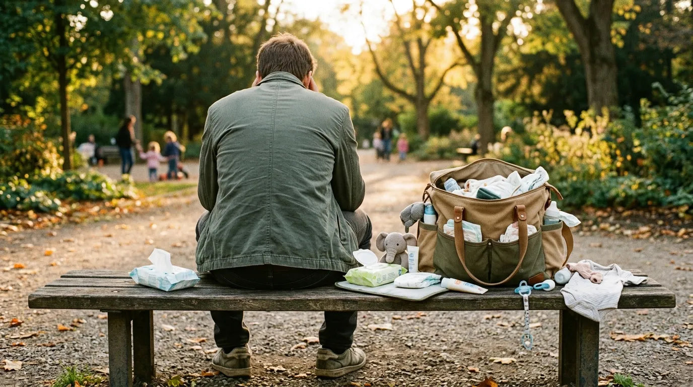 Père de dos assis sur un banc de parc, grand sac à langer ouvert et surchargé à côté de lui avec des affaires qui débordent, lumière dorée. Image