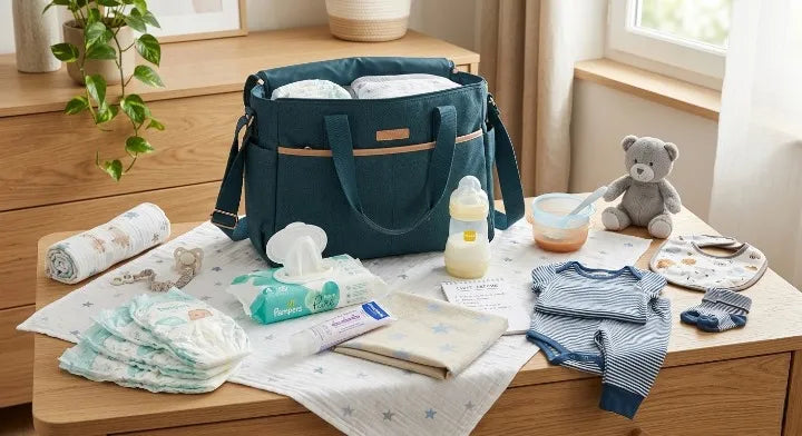 Sac à langer organisé avec les essentiels pour la crèche : couches, lingettes et vêtements de bébé soigneusement rangés.