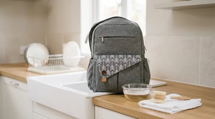 Sac à langer gris posé sur un plan de travail en bois à côté d'une brosse douce et d'un bol d'eau savonneuse pour le nettoyage