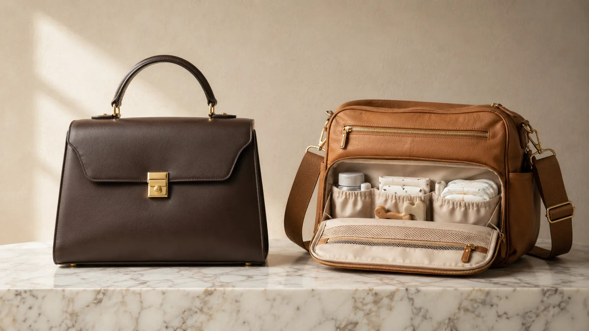 Sac à main en cuir marron foncé posé à côté d'un sac à langer bandoulière caramel avec compartiments visibles, sur une surface en marbre.