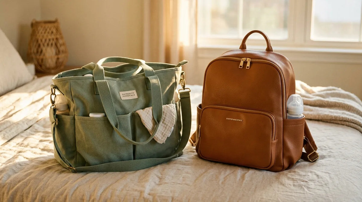 Sac maternité grand format vert sauge posé à côté d'un sac à langer à dos effet cuir caramel, sur une surface en lin.