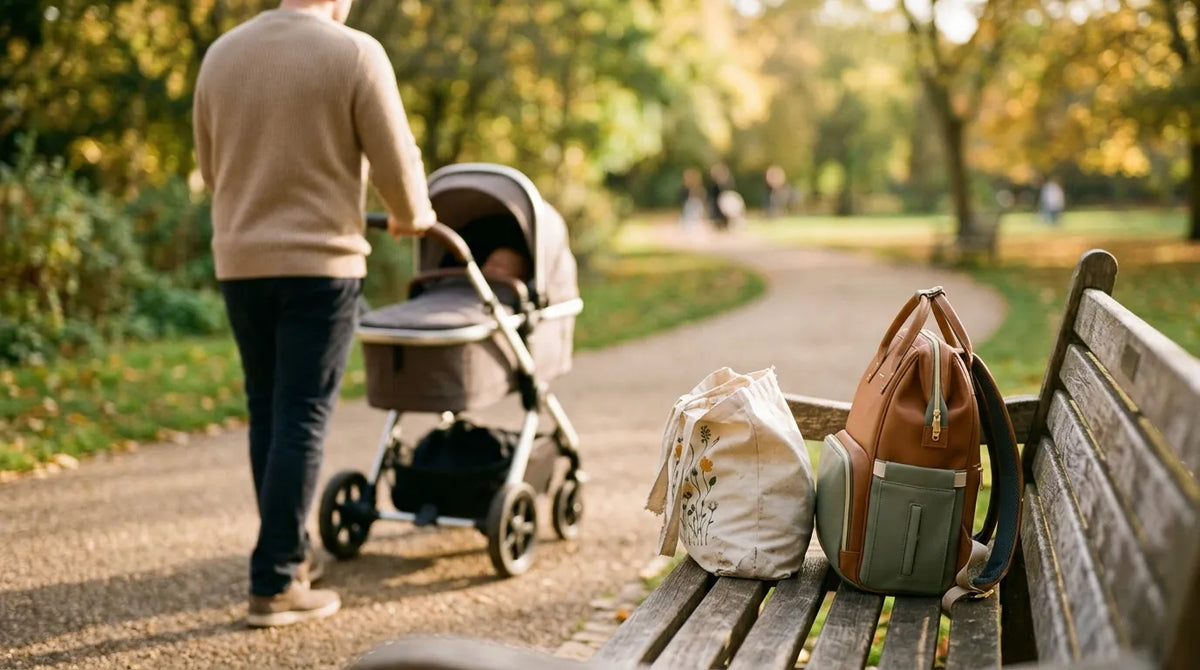 Père poussant une poussette dans un parc, avec un sac ordinaire et un sac à langer posés sur un banc