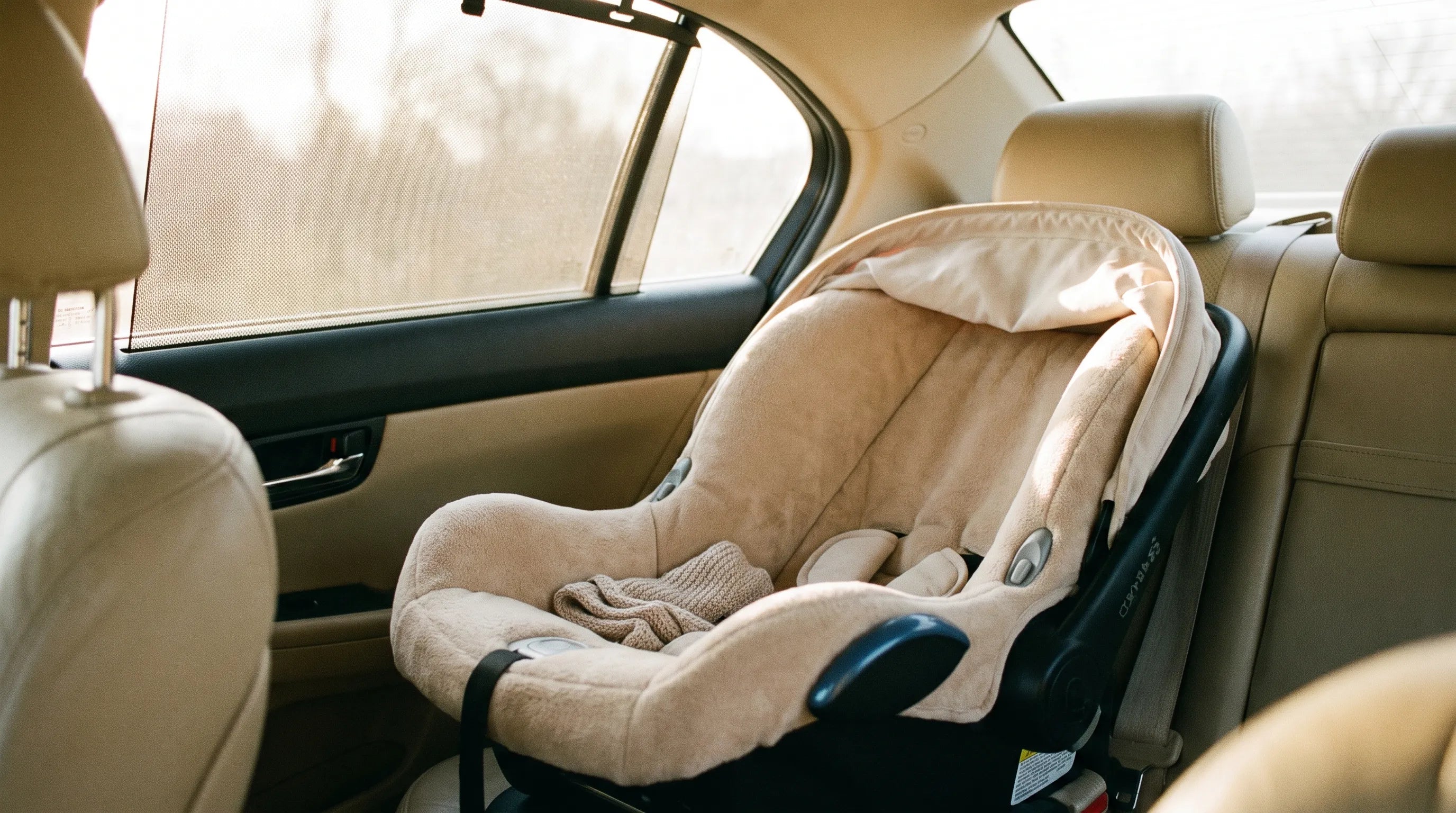 Siège auto bébé dos à la route installé sur la banquette arrière d'une voiture, lumière naturelle douce, intérieur beige et crème, pare-soleil sur la vitre latérale.