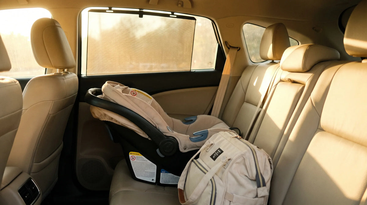 Siège auto bébé dos à la route installé sur la banquette arrière d'une voiture, sac à langer posé à côté, pare-soleil sur la vitre, lumière dorée.