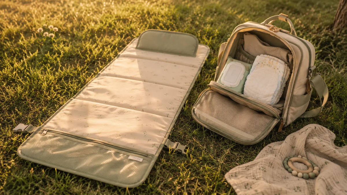 Tapis à langer portable déplié sur l'herbe d'un parc, sac à langer ouvert à côté avec lingettes et couche propre visibles, lumière dorée.