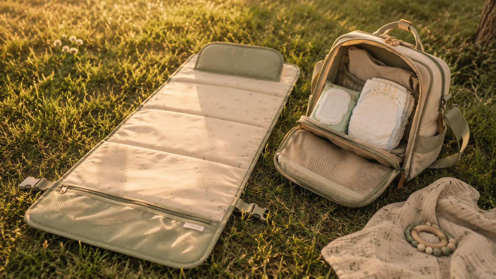 Tapis à langer portable déplié sur l'herbe d'un parc, sac à langer ouvert à côté avec lingettes et couche propre visibles, lumière dorée.