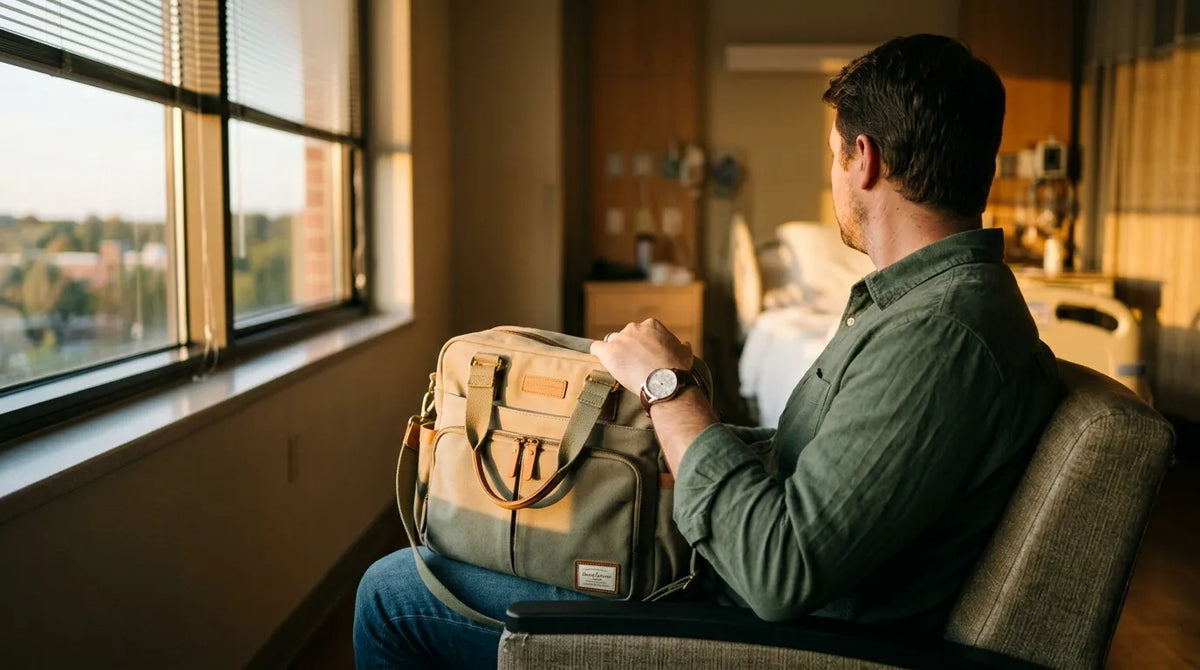 Père assis dans une chambre d'hôpital avec un sac à langer structuré au coucher du soleil.