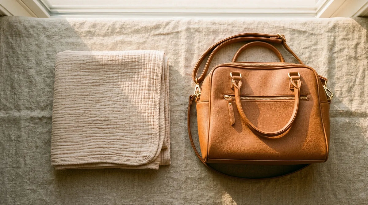 Un lange en gaze de coton beige plié à côté d'un sac à langer effet cuir caramel, posés sur une surface en lin.