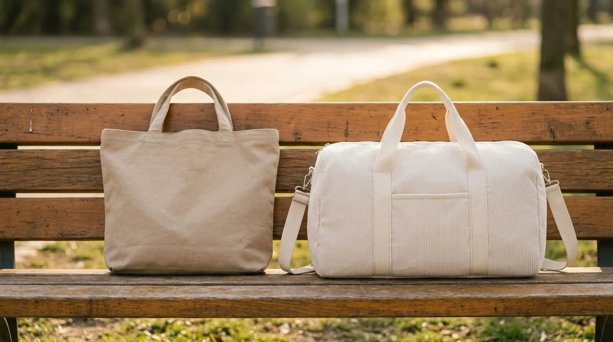 sac ordinaire et un sac a langer posé sur un banc