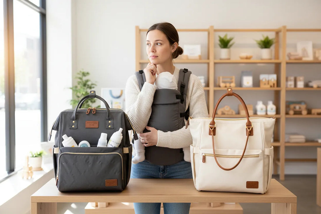 maman qui porte bebe via porte bebe et qui hesite a choisir entre deux sacs a langer