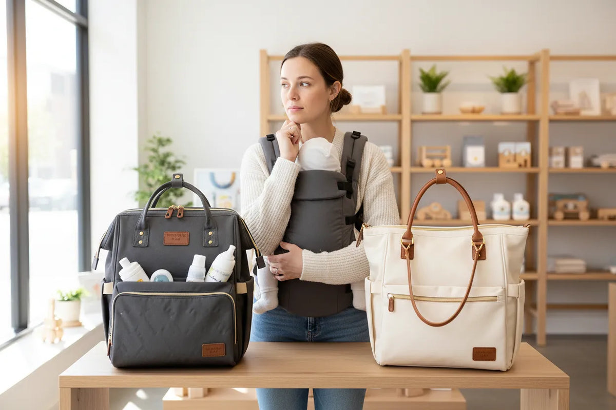Jeune maman avec son bébé en porte-bébé debout entre deux sacs à langer posés sur une table, un sac à dos gris rempli d'essentiels bébé et un sac cabas écru à anses cuir, dans une boutique lumineuse